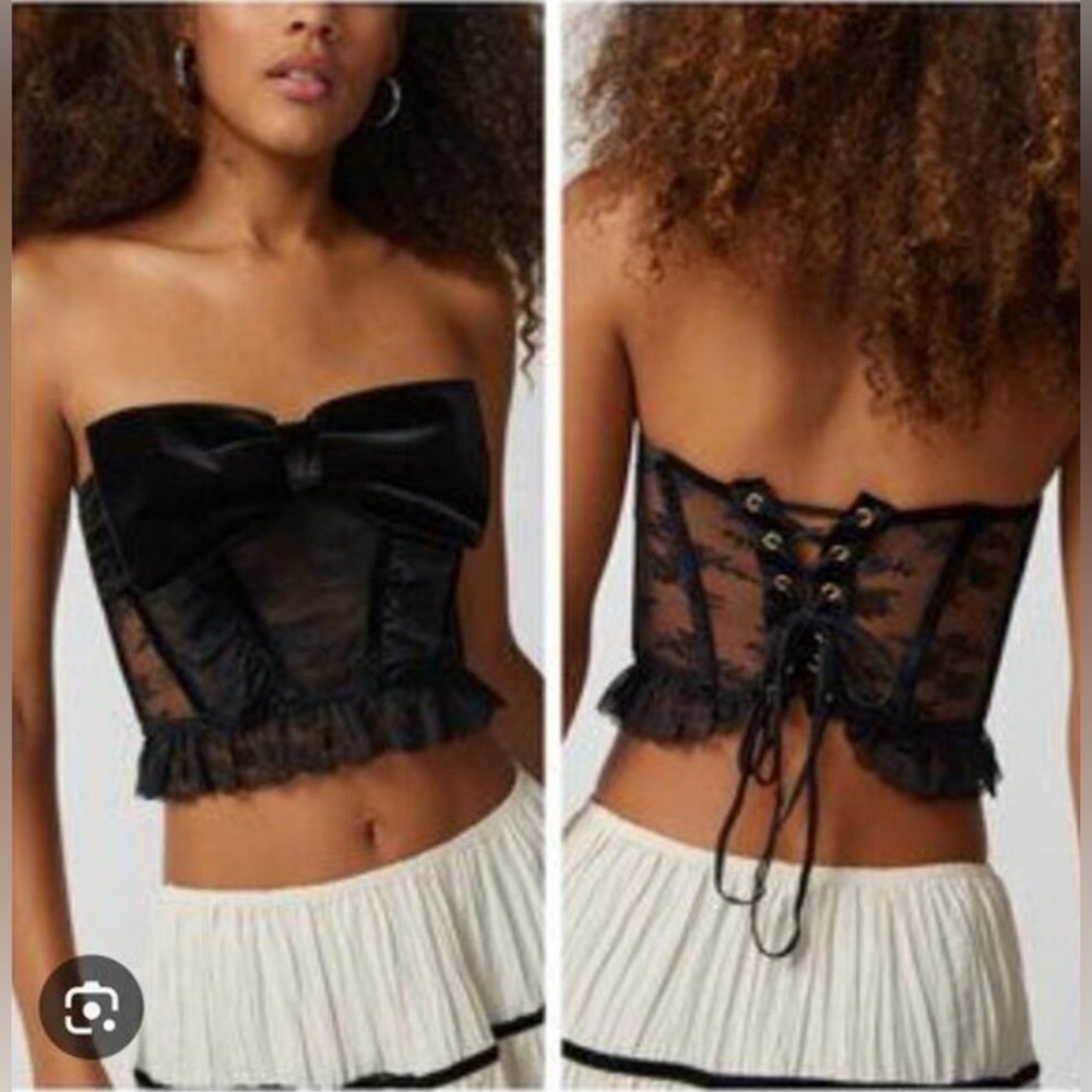 Urban Outfitters Out From Under Bow Down To Me Velvet & Lace Corset Black Sz Lg